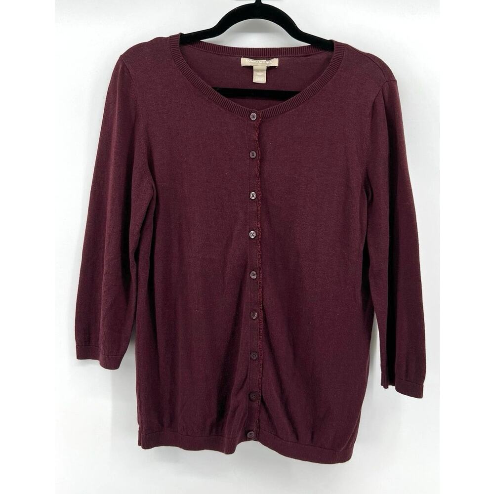 Banana Republic Ruffle Button Cardigan Women's L Burgundy Eggplant